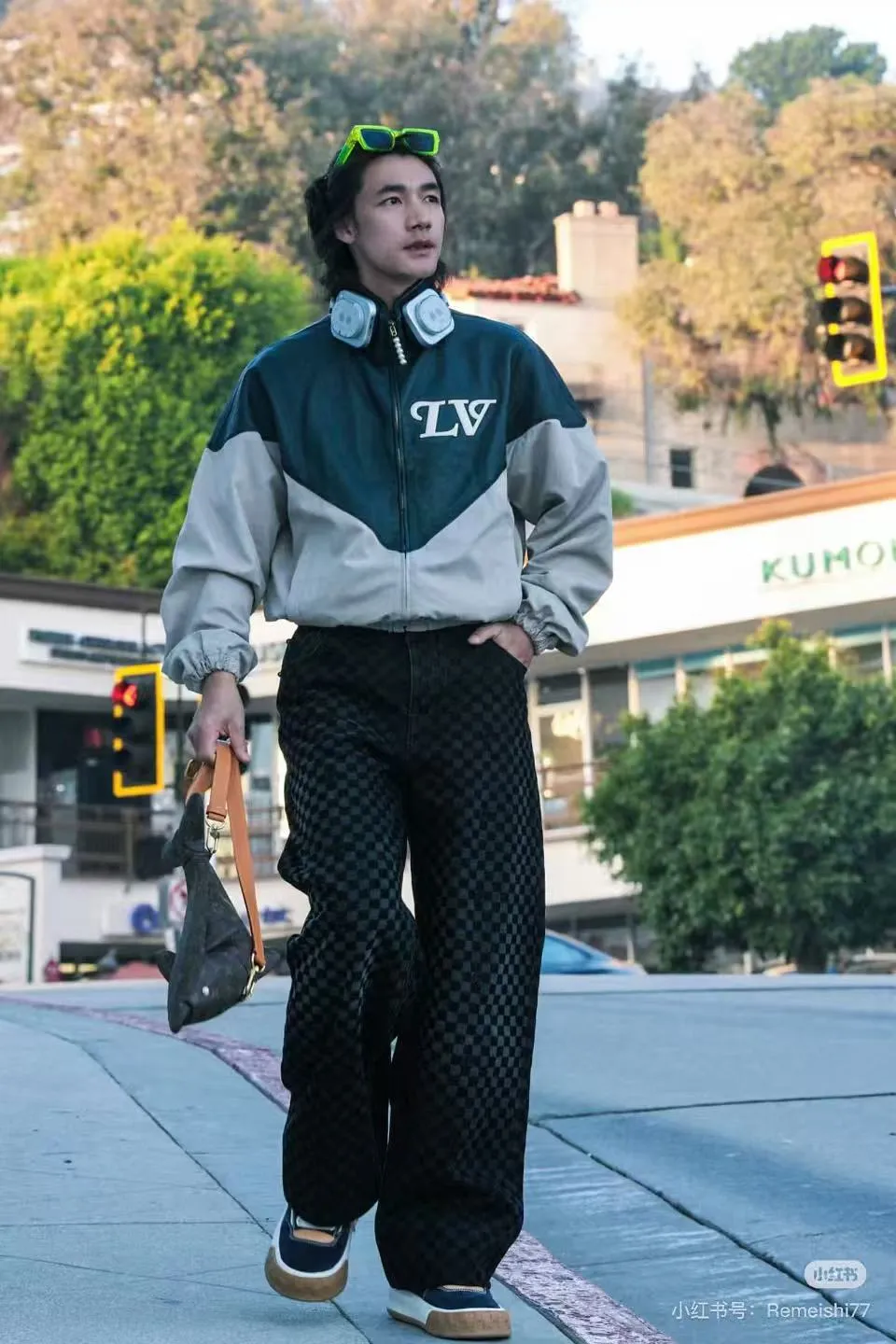 Louis Vuitton/Louis Vuitton mosaic flocking checkerboard patchwork jeans